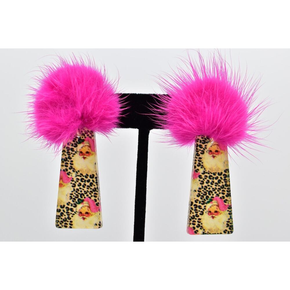 Mary Kathryn Pink Santa Claus Earrings Puff Ball Leopard Christmas Holiday Bin7